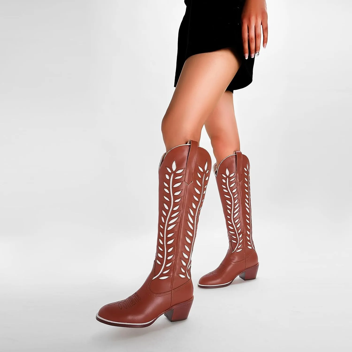 Yishaweiqi Embroidered Cowboy Boots for Women Almond Round Toe Chunky Heel Cowgirl Boots Pull On Knee High Western Boots with Contrast Foliage Inlay