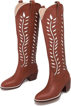 Yishaweiqi Embroidered Cowboy Boots for Women Almond Round Toe Chunky Heel Cowgirl Boots Pull On Knee High Western Boots with Contrast Foliage Inlay