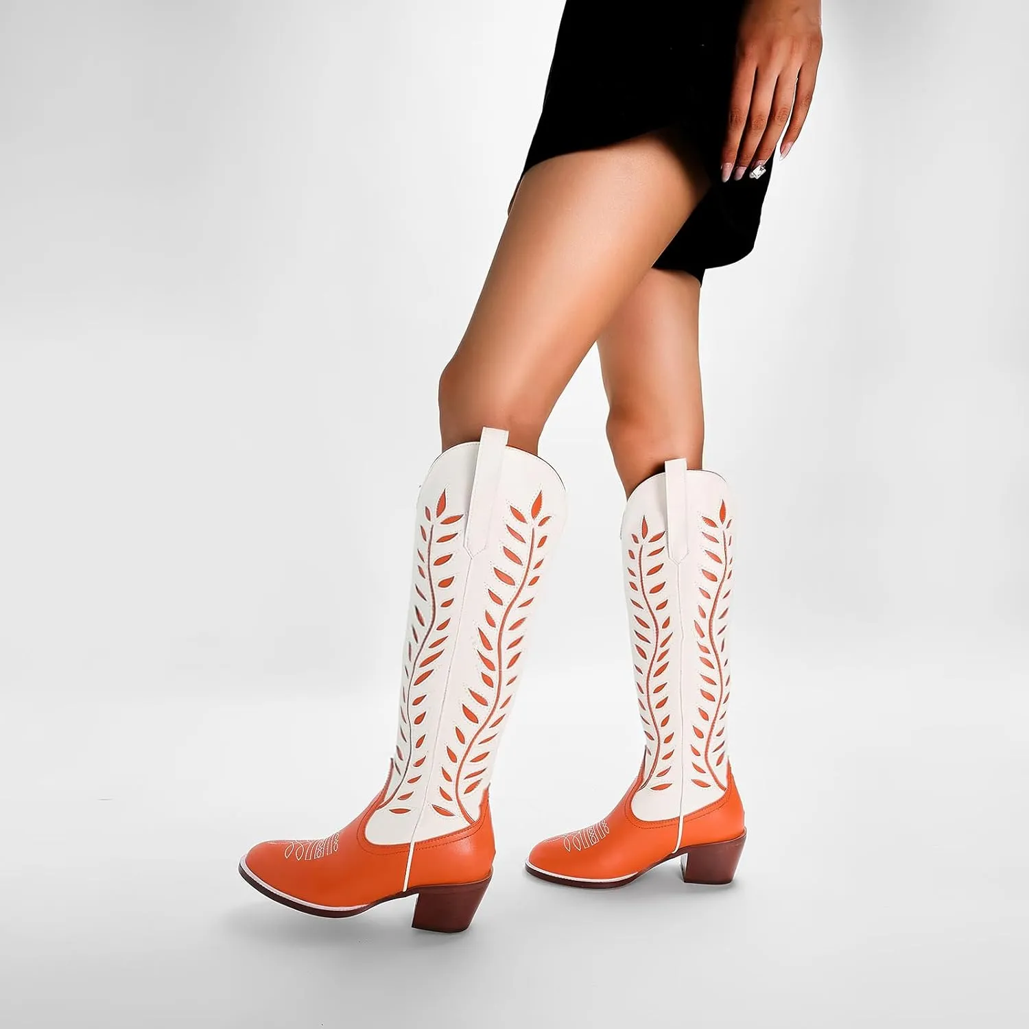 Yishaweiqi Embroidered Cowboy Boots for Women Almond Round Toe Chunky Heel Cowgirl Boots Pull On Knee High Western Boots with Contrast Foliage Inlay
