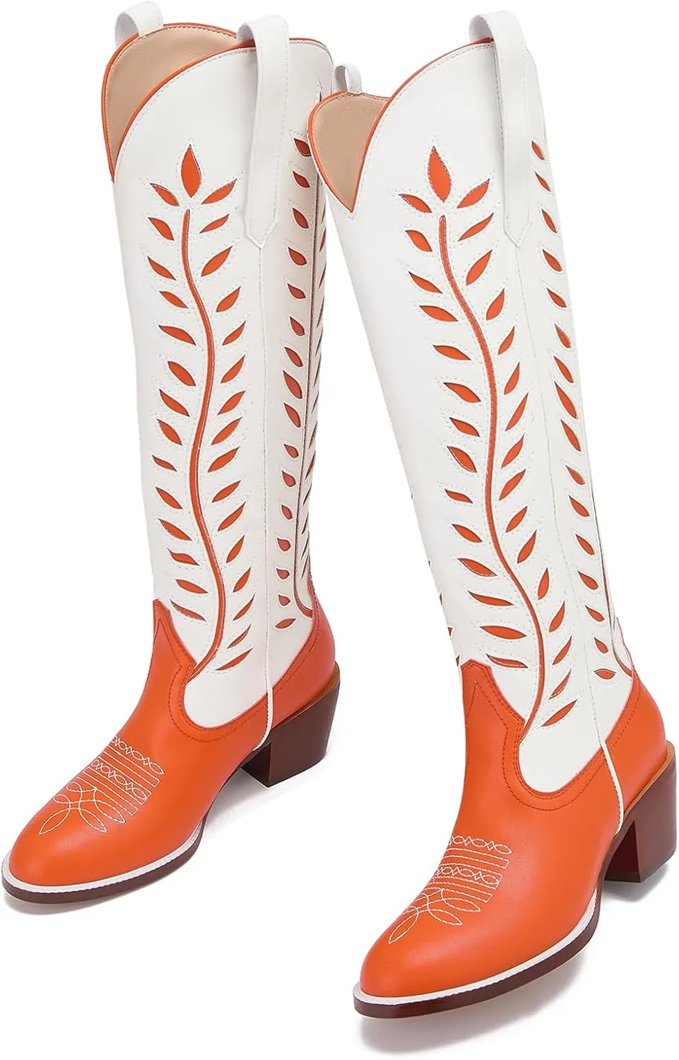 Yishaweiqi Embroidered Cowboy Boots for Women Almond Round Toe Chunky Heel Cowgirl Boots Pull On Knee High Western Boots with Contrast Foliage Inlay