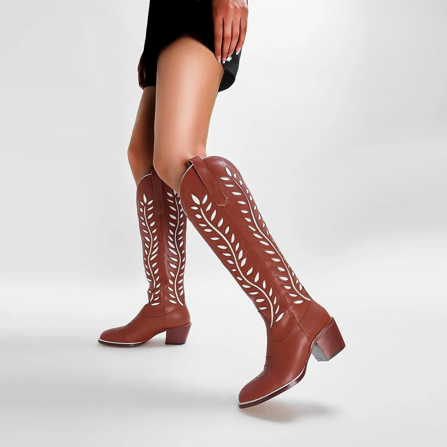 Yishaweiqi Embroidered Cowboy Boots for Women Almond Round Toe Chunky Heel Cowgirl Boots Pull On Knee High Western Boots with Contrast Foliage Inlay