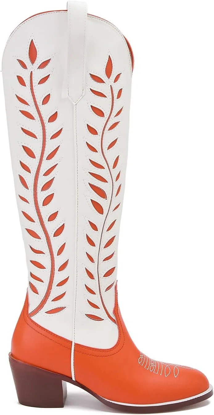 Yishaweiqi Embroidered Cowboy Boots for Women Almond Round Toe Chunky Heel Cowgirl Boots Pull On Knee High Western Boots with Contrast Foliage Inlay