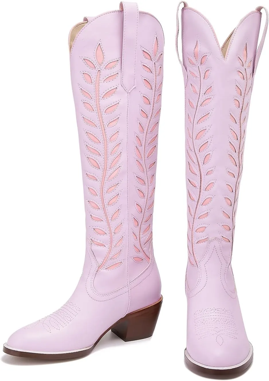 Yishaweiqi Embroidered Cowboy Boots for Women Almond Round Toe Chunky Heel Cowgirl Boots Pull On Knee High Western Boots with Contrast Foliage Inlay