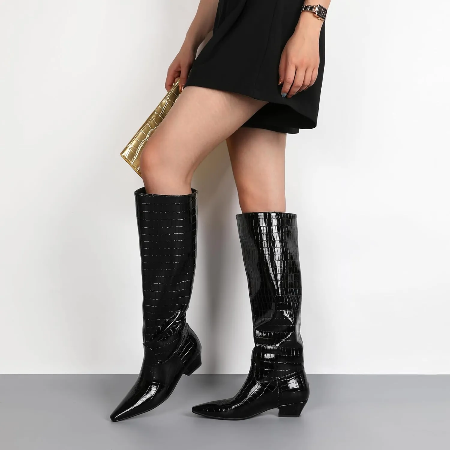 YODEKS Women's Knee High Boots 1.5 Inch Low Heel Boots Pull On Comfortable Boots US Size 6-12