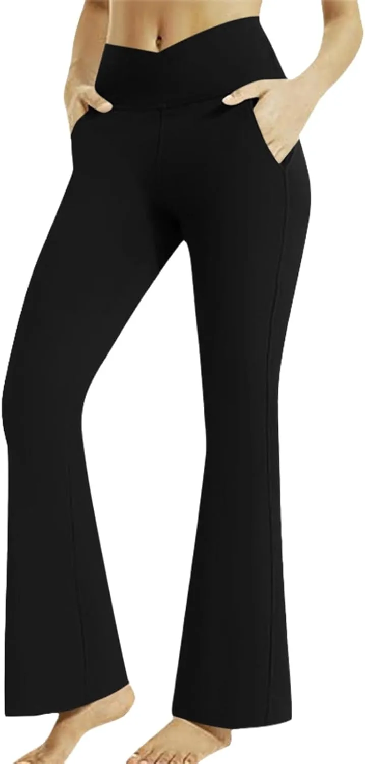 Yoga Pants Women with Pockets Stretch Straight Leg High Waist Compression Tummy Control Athletic Flare Leggings