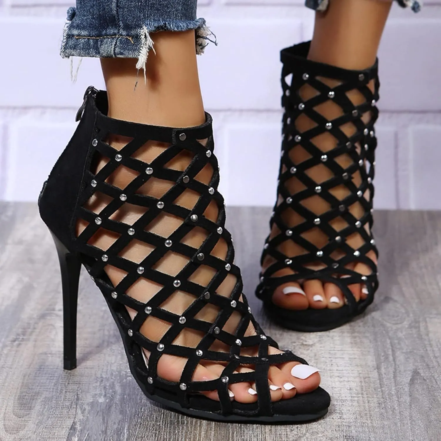 ZBYY Stiletto High Heels for Women,Summer Cross Cutout Stiletto Dress Pump Sandals Shoes Back Zipper Party Sandals