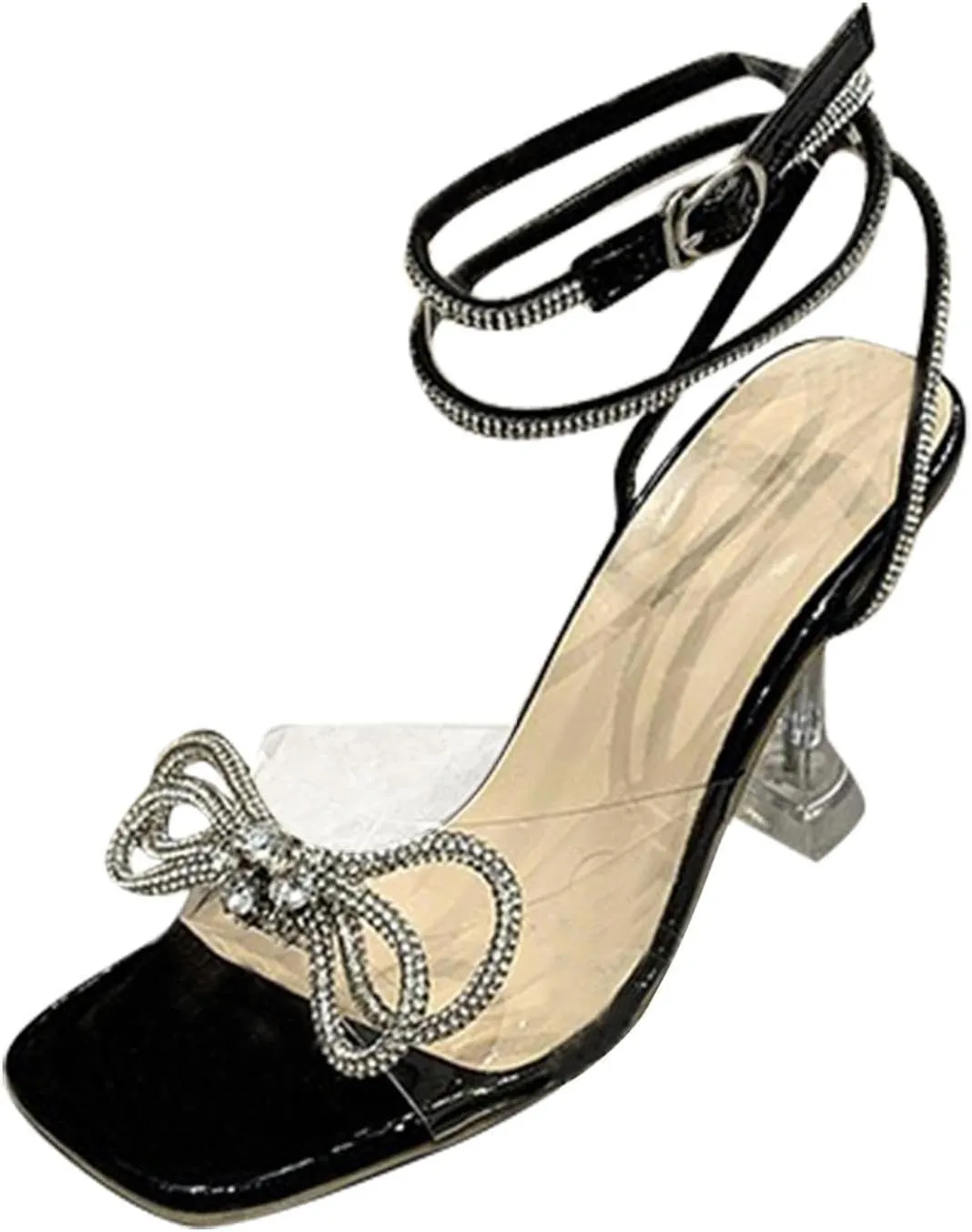 ZBYY Woman Heeled Sandals,Square Toe High Heels Stilettos Triangle Heel Gladiator Sandal Rhinestones Dress Summer Shoes