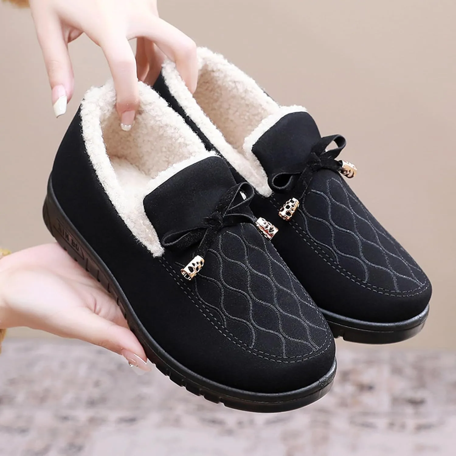 Zeberfi Women's Moccasin Suede Fur Lined Loafers with Bow Tie Retro Embroidery Round Toe Slip On Non-Slip Flats Winter Warm Comfortable Casual Shoes