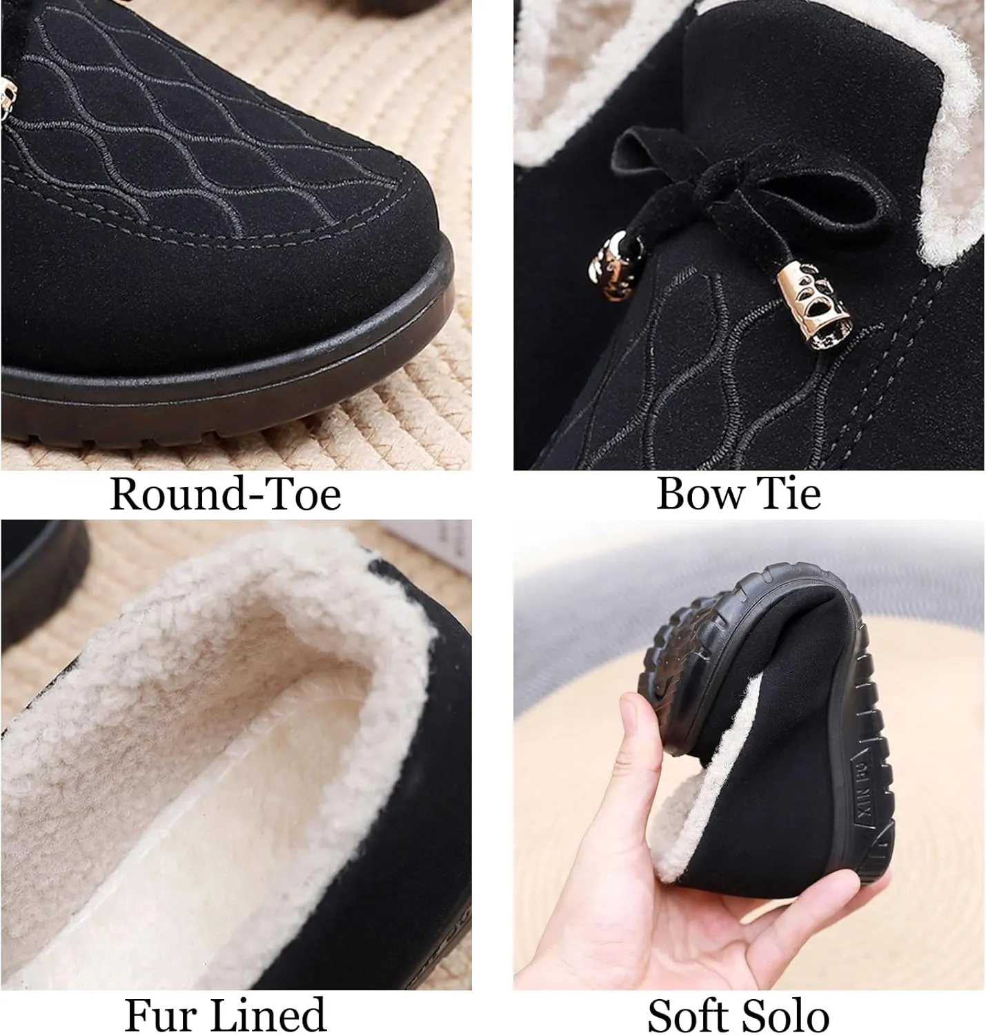 Zeberfi Women's Moccasin Suede Fur Lined Loafers with Bow Tie Retro Embroidery Round Toe Slip On Non-Slip Flats Winter Warm Comfortable Casual Shoes