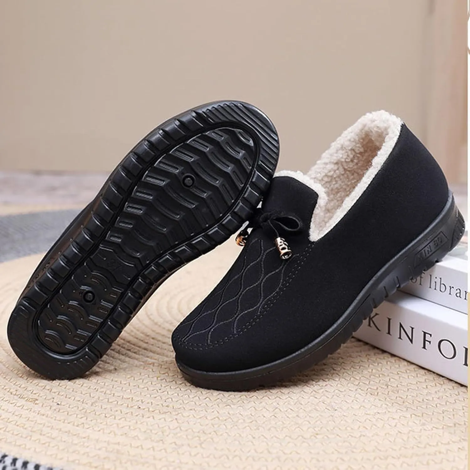 Zeberfi Women's Moccasin Suede Fur Lined Loafers with Bow Tie Retro Embroidery Round Toe Slip On Non-Slip Flats Winter Warm Comfortable Casual Shoes