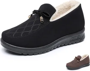 Zeberfi Women's Moccasin Suede Fur Lined Loafers with Bow Tie Retro Embroidery Round Toe Slip On Non-Slip Flats Winter Warm Comfortable Casual Shoes