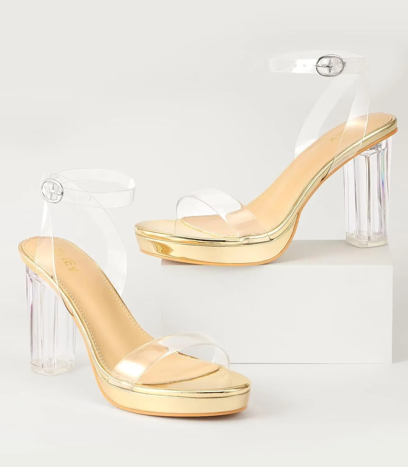 ZriEy 4-Inch Platform Clear High Heels for Women Block Chunky Heeled Sandals Open Toe Ankle Strap Heels Wedding Party Evening Prom Dress Pump Sandal Shoes