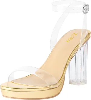 ZriEy 4-Inch Platform Clear High Heels for Women Block Chunky Heeled Sandals Open Toe Ankle Strap Heels Wedding Party Evening Prom Dress Pump Sandal Shoes