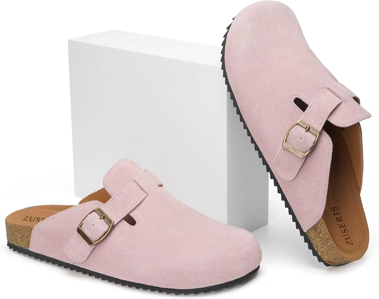 ZUSERIS Women's Men's Suede Clogs Leather Mules Cork Footbed Potato Shoes Comfort Slip on Sandals with Arch Support