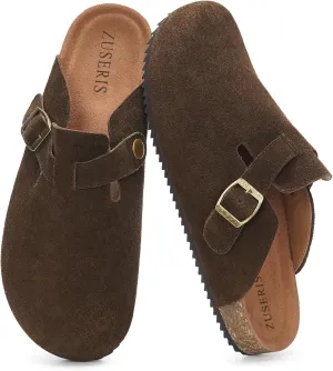 ZUSERIS Women's Men's Suede Clogs Leather Mules Cork Footbed Potato Shoes Comfort Slip on Sandals with Arch Support