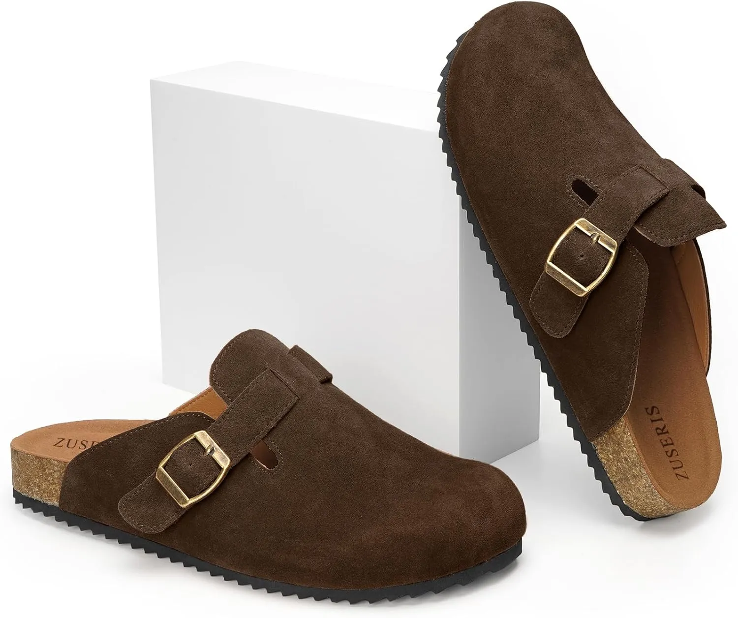 ZUSERIS Women's Men's Suede Clogs Leather Mules Cork Footbed Potato Shoes Comfort Slip on Sandals with Arch Support