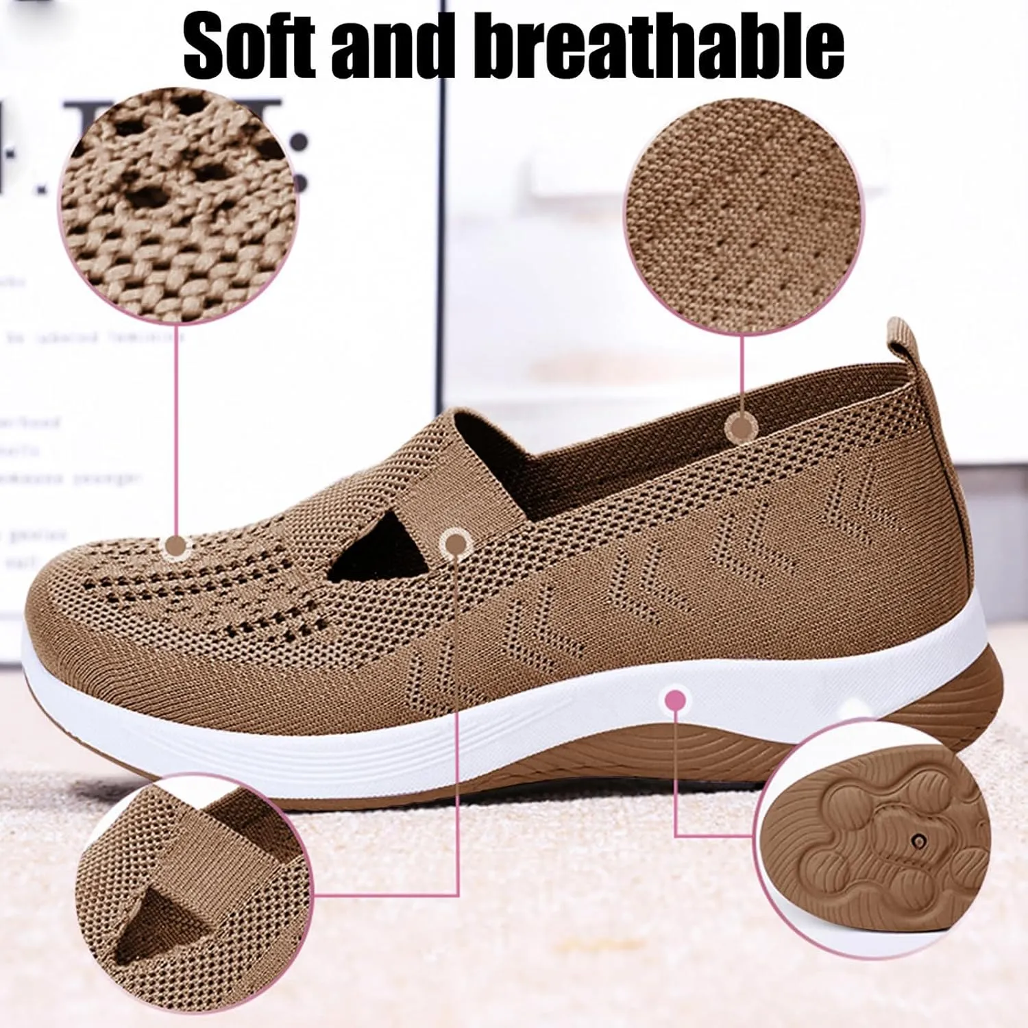 ZWRXW Orthopedic Flats for Women Lightweight Comfortable Arch Support Sneaker Breathable Knitted Soft Non-Slip Mesh Up Footwear Woven Work Walking Shoe